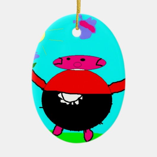 Schwein mit Blume und Schmetterling in der Sonne, Keramikornament (Vorne)