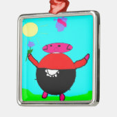 Schwein mit Blume und Schmetterling in der Sonne, Silbernes Ornament (Links)