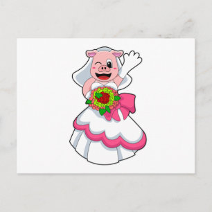 Schwein mit Hochzeitskleid und Blumenstrauß Postkarte
