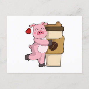 Schwein mit Kaffee zum Mitnehmen Postkarte