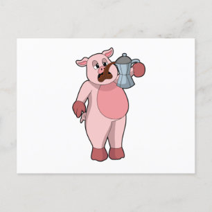 Schwein mit Kaffeekanne Postkarte
