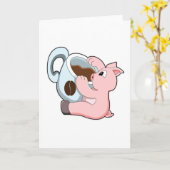 Schwein mit Kaffeetasse Karte (Gelbe Blume)