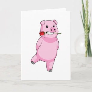 Schwein mit Rosenblume Karte