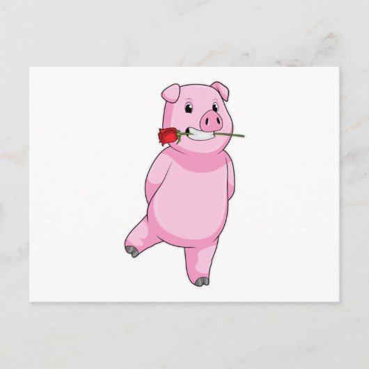 Schwein mit Rosenblume Postkarte (Vorderseite)