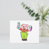 Schwein mit Schere und Rasierer Postkarte (Stehend Vorderseite)