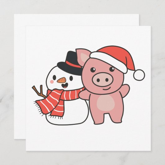 Schwein mit Schneemann im Winter für die Weihnacht Einladung (Vorne/Hinten)