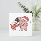 Schwein mit Schneemann im Winter für die Weihnacht Einladung (Stehend Vorderseite)