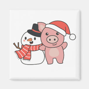 Schwein mit Schneemann im Winter für Weihnachtsmag Magnet