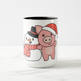 Schwein mit Schneemann im Winter zu Weihnachten Tasse