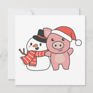 Schwein mit Schneemann im Winter zur Weihnachtsein Einladung