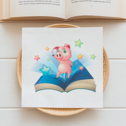 Schwein tanzt auf Servietten mit Buch