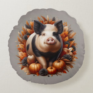 Schwein und Herbstlaub Rundes Kissen