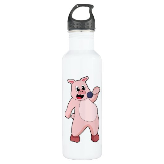 Schweinchen beim Singen mit Mikrofon Edelstahlflasche (Vorderseite)