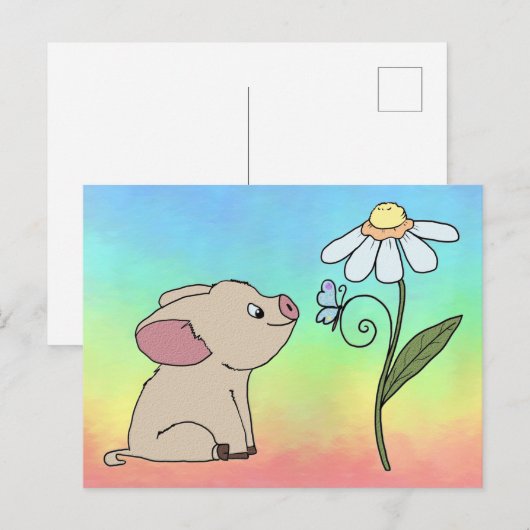 Schweinchen mit Blume Postkarte (Vorne/Hinten)