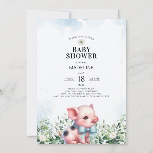 Schweinchen mit Bow Blue Boy Baby Dusche Einladung (Vorderseite)