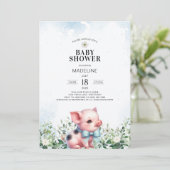 Schweinchen mit Bow Blue Boy Baby Dusche Einladung (Stehend Vorderseite)