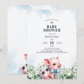 Schweinchen mit Bow Blue Boy Baby Dusche Einladung (Vorne/Hinten)