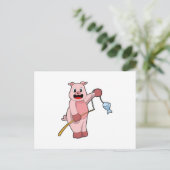 Schweine beim Angeln mit Angelrute und Fisch Postkarte (Stehend Vorderseite)