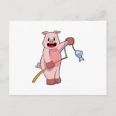 Schweine beim Angeln mit Angelrute und Fisch Postkarte (Vorderseite)
