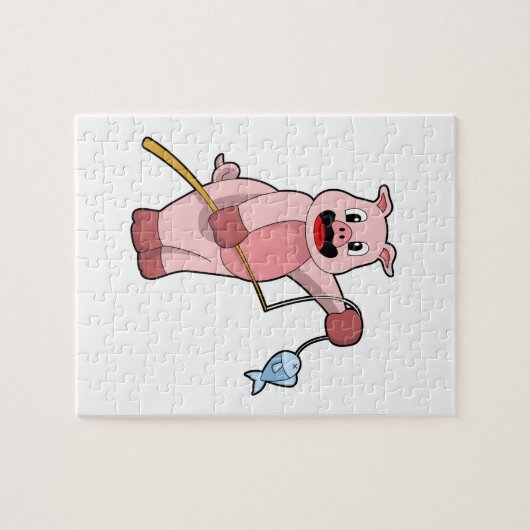 Schweine beim Angeln mit Angelrute und Fisch Puzzle (Horizontal)