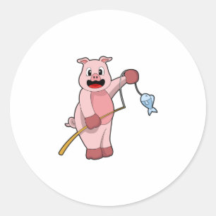 Schweine beim Angeln mit Angelrute und Fisch Runder Aufkleber