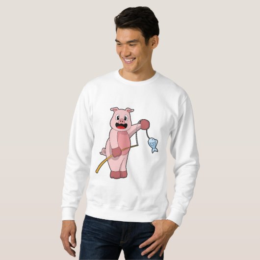 Schweine beim Angeln mit Angelrute und Fisch Sweatshirt (Vorne ganz)