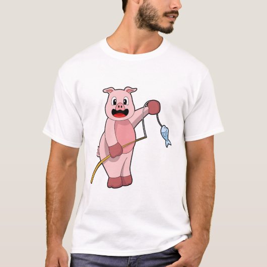 Schweine beim Angeln mit Angelrute und Fisch T-Shirt (Vorderseite)