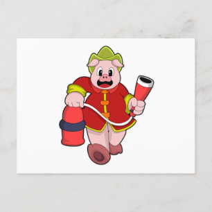 Schweine-Feuerwehrmann Feuerlöscher Postkarte