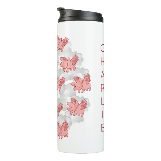 Schweine fliegen Nametrommel Thermosbecher (Nach rechts gedreht)