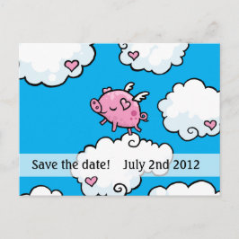 Schweine fliegen Save the Date auf Postkarte
