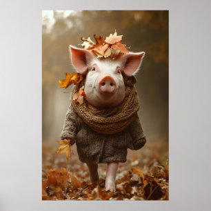 Schweine-Kunstposter in Herbstkleidung, rustikale Poster