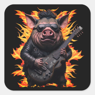 Schweine-Metal-Gitarre-Ham-Rock-And-Roll-Musiker-F Quadratischer Aufkleber