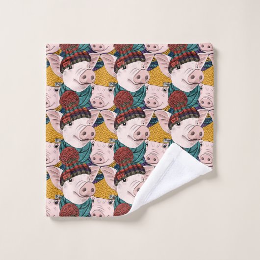 Schweine mit Hut-Muster Badhandtuch Set (Waschlappen)