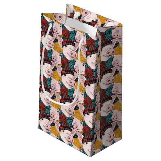 Schweine mit Hut-Muster Kleine Geschenktüte (Rückseite Schrägansicht)