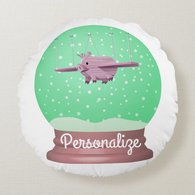 Schweine-Schneekugel Rundes Kissen (Vorderseite)