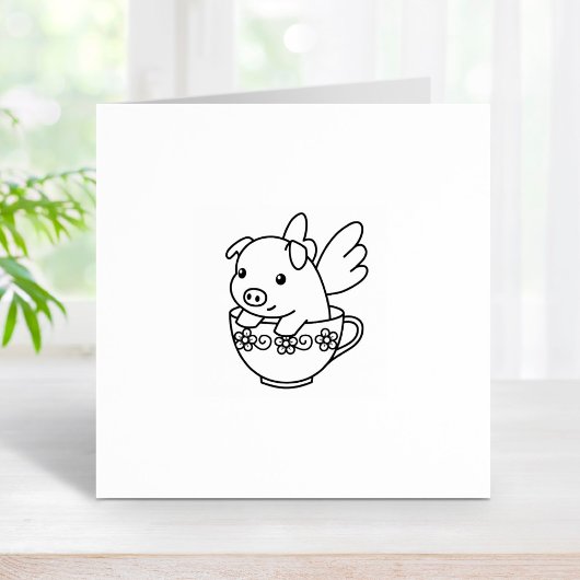 Schweine - Schwein mit Flügeln in einem Teacup 2 Gummistempel