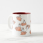 Schweine und Hühner springen. Zweifarbige Tasse (Vorderseite Links)
