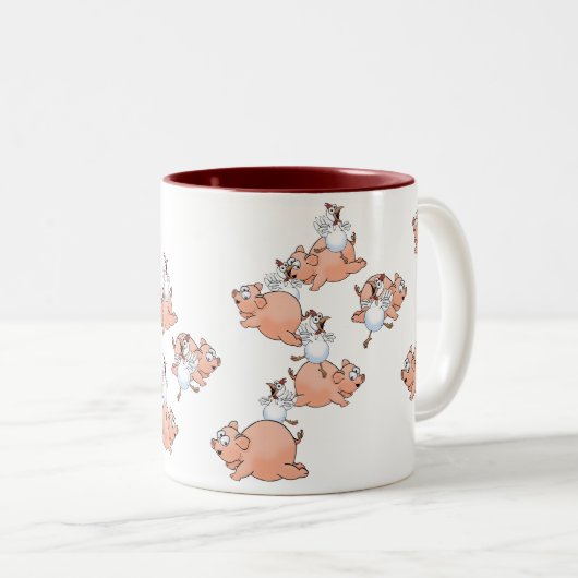 Schweine und Hühner springen. Zweifarbige Tasse (VorderseiteRechts)
