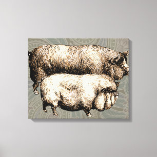 Schweinefarm Land Antike Illustration Kunst, Dicht Leinwanddruck