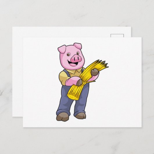 Schweinefleisch als Bauer mit Stroh Postkarte (Vorne/Hinten)