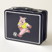 Schweinefleisch als Fußball-Spieler mit Fußball Metall Brotdose (Rückseite)
