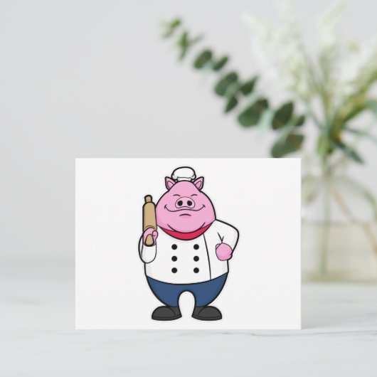 Schweinefleisch als Koch mit rollendem Button Postkarte (Stehend Vorderseite)