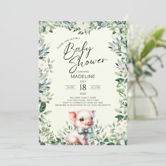 Schweinefleisch mit Bow Greenery Kinderdusche Einl Einladung (Stehend Vorderseite)