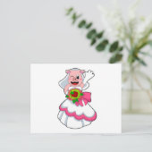 Schweinefleisch mit Hochzeitskleid & Blume Postkarte (Stehend Vorderseite)