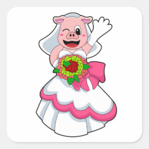 Schweinefleisch mit Hochzeitskleid & Blume Quadratischer Aufkleber