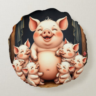Schweinekunst – Mutter & Ferkel Rundes Kissen