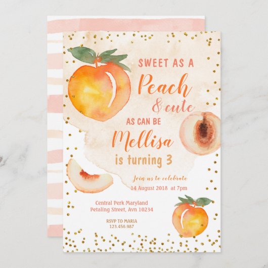 Schweiß als Pfirsich macht 3 Geburtstag Einladung (Vorne/Hinten)