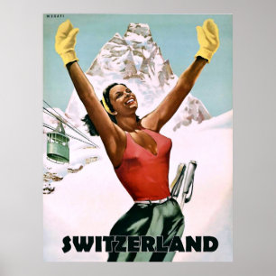Schweiz, glückliche Skifahrerin, Vintage-Reise Poster