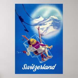 Schweiz, glückliches Skilauf auf Luftseilbahn Poster