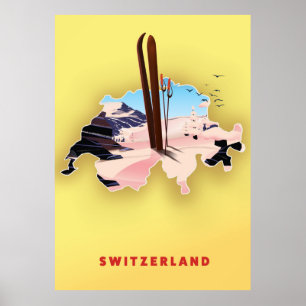 Schweiz Karte Skifahrplakat. Poster